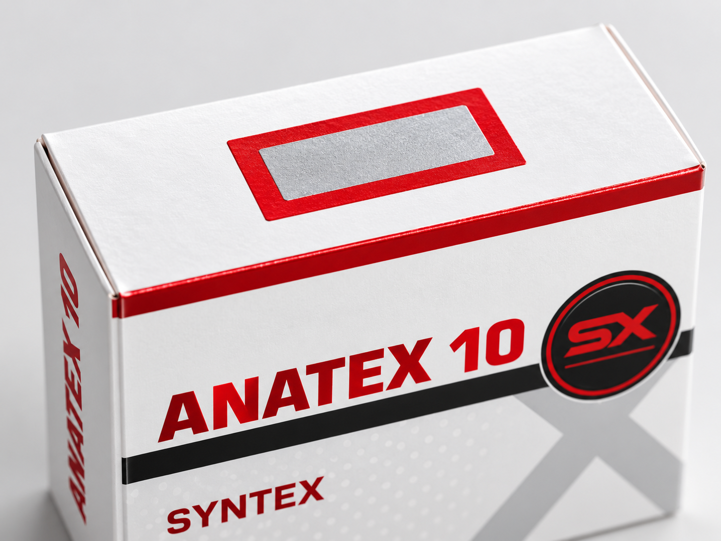 Illustration of an Anatex 10 box with an unscratched red and silver authenticity label