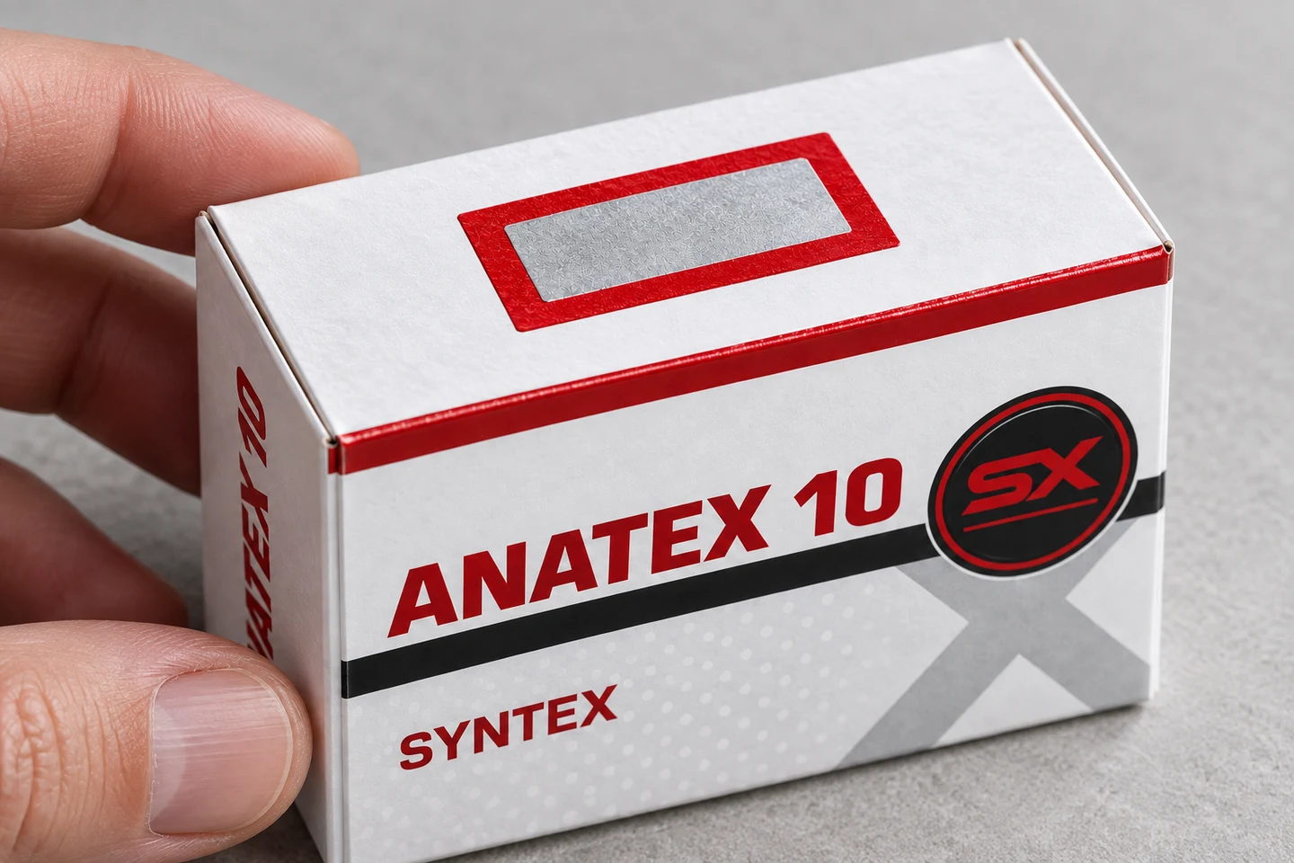 Illustrative Syntex Anatex packaging with its intact red and silver authenticity label