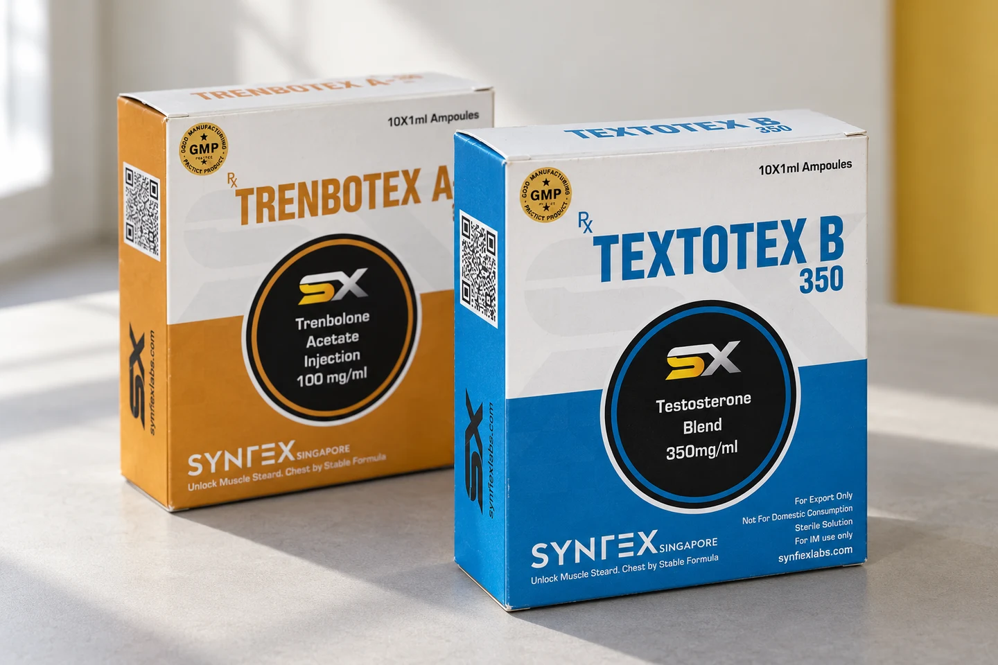 Illustrative product photograph of Syntex Textotex and Trenbotex packaging