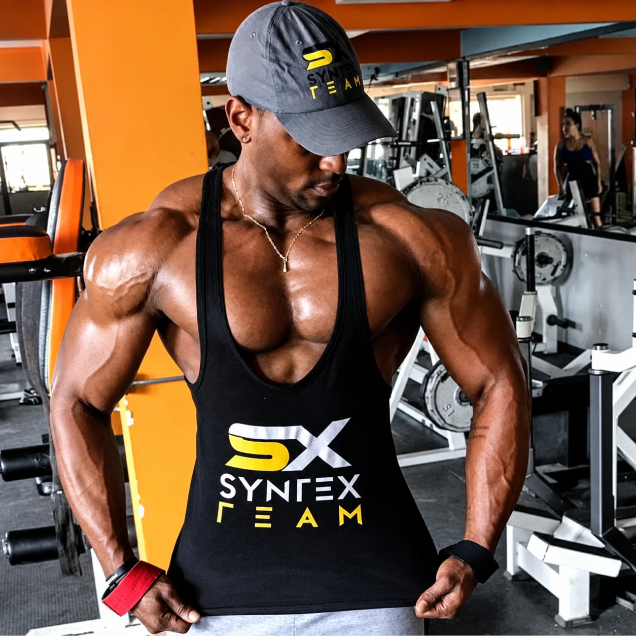 Syntex Team member in the gym, digitally restored archive photograph